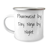 Pharmacist Gifts from Friends, Unique Camping Mug for Graduation, 'Pharmacist By Day. Ninja By Night.' - Enamel Finish, 12 oz - Image 1